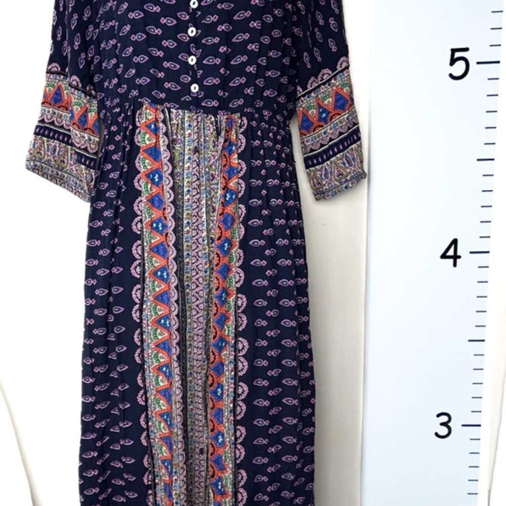 Miusol Dark Blue Paisley Maxi Sundress‎ 3/4 Cuffed Sleeves Large BOHO Hippie